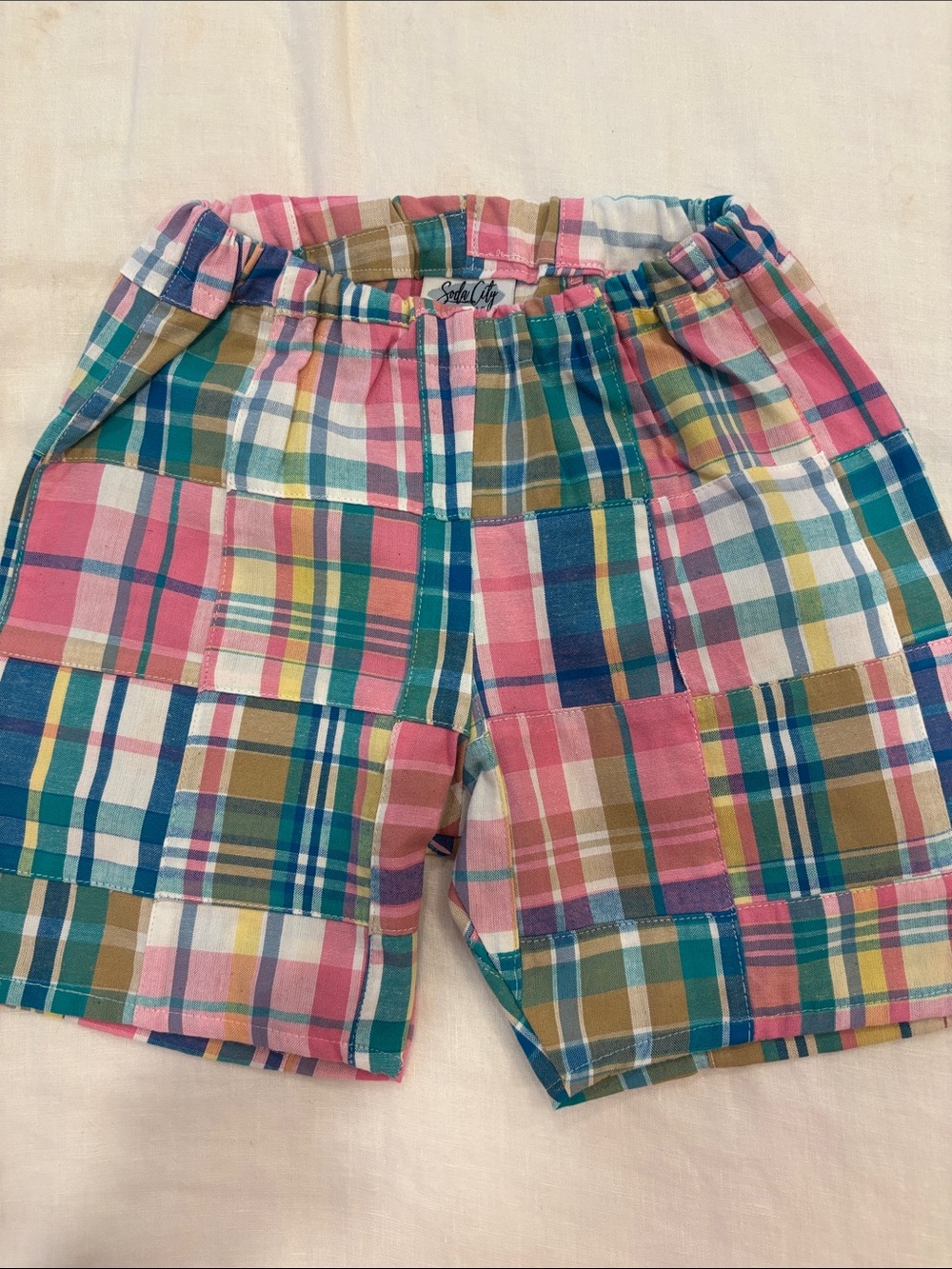 Patchwork Plaid Elastic-Waist Kid's Shorts - Multi Pink/Blue